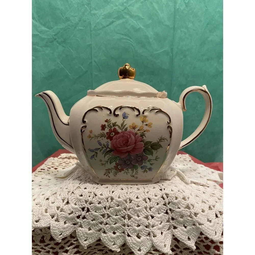Vintage Sadler England Cube Teapot #2097 Rose Flowers Gold Trim‎